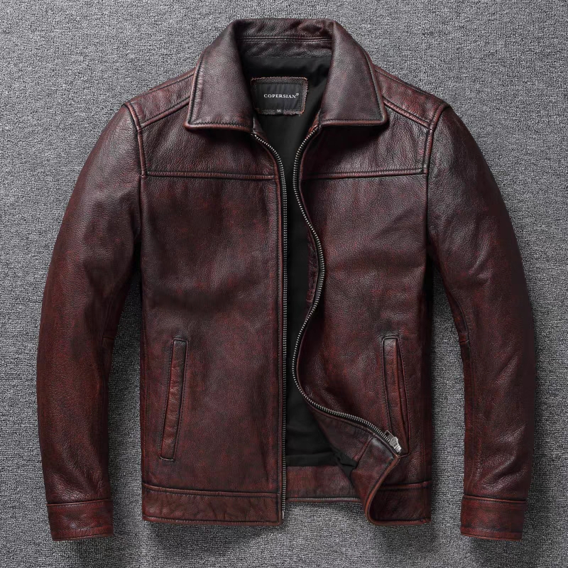 Riding Jacket Leather - Retro Distressed Lapel First Layer Cowhide